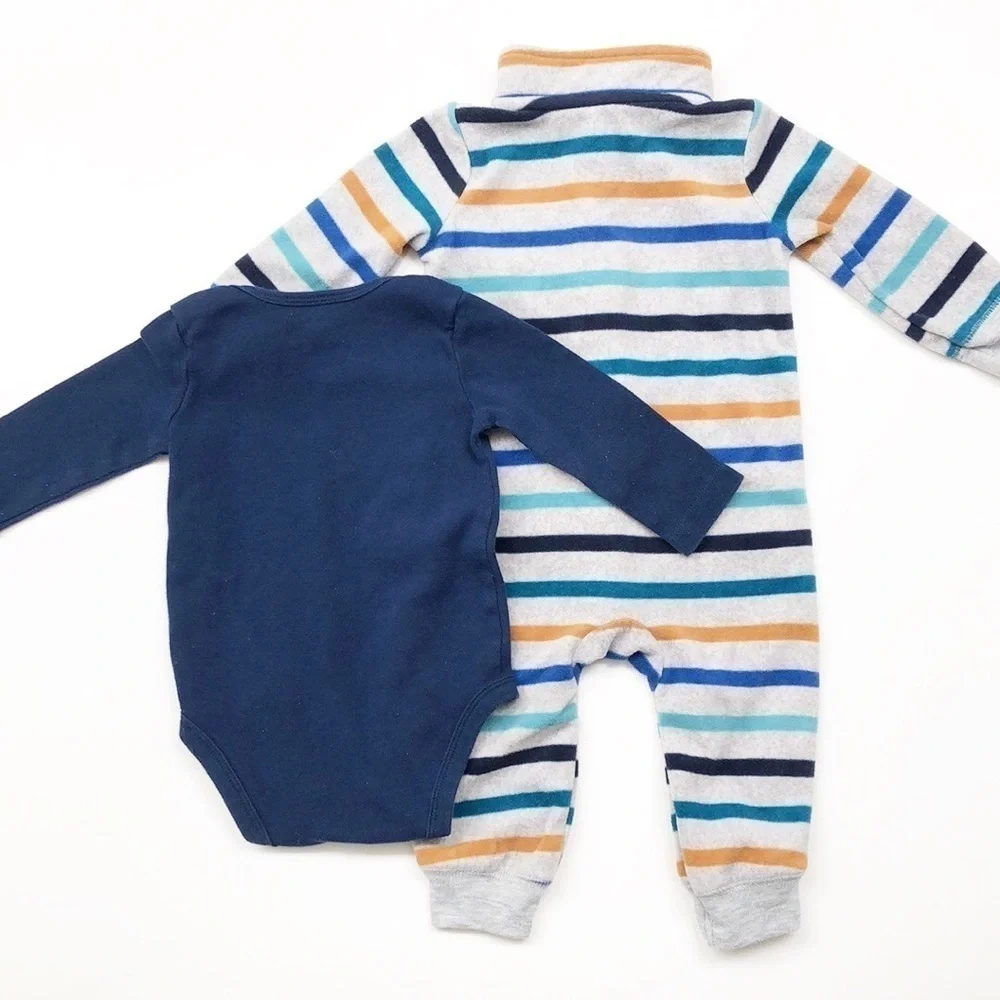 Carter's baby boy Little Bro onesie + winter striped fleece zip up jumpsuit